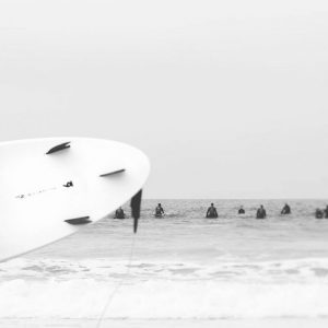 Catch a Wave II - Abstract Surf Photography, Black and White Surf image, Beach with surfers waiting for the big wave.
