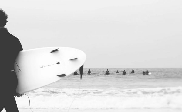Catch a Wave II - Abstract Surf Photography, Black and White Surf image, Beach with surfers waiting for the big wave.
