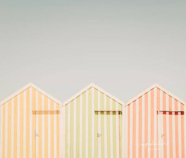 photographic art print of beach huts with pastel colors